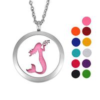 Mermaid Essential Oil Diffuser Necklace Stainless Steel Locket Pendant with 24" Chain 11 Refill Pads with Engraving