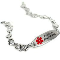 My Identity Doctor Custom Engraved Medical Bracelet 316L Stainless Steel Hearts, Round 2mm Cubic Zirconia - Wrist Size 8.25 Inch