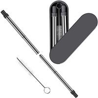 Telescopic Straw, Collapsible Straw Stainless Steel Reusable Foldable Drinking Straws Food-Grade Portable Set with Hard Case Cleaning Brush for Travel, Household, Outdoor (Black)