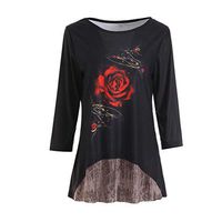 Meikosks Women's 3D Printed T Shirt Elbow Sleeve Flower Top Patchwork O-Neck Pullover Tunic Khaki