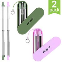 Reusable Straws Telescopic Metal Travel Straws - Anpro Stainless Steel Drinking Straws, Portable Collapsible Straw with Case & Key chain & Cleaning Brush, 2 Pack