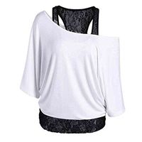 Meikosks Ladies Bat Sleeve T Shirt Lace Patchwork Tops Loose Blouses Solid Color Tee White