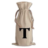 "T" Casual Initial Monogram Letter T Cotton Canvas Wine Bag, Cotton Drawstring