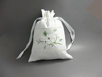 White Linen Gift Bags Drawstring Embroider Sachet Mini Flowers Green Leaf 5" x 7" Pack of 2 (color1)