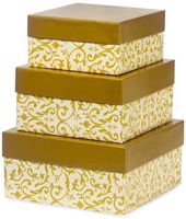 Made in USA Recycled Paper Kraft Boxes – 6.25”, 7.25” & 8.25” – Nested Squared Boxes with Lids (Large Set of 3 - Gold Florentine Tapestry)