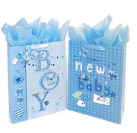 16.5" Extra Large Baby Shower Gift Bags (Glitter Pop-up Design Picture) with Tissue Papers/Handles and Tags for Baby Boy 2-Pack (Blue)