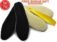 Sheep wool felt insoles, 5M & 7W size for men & women, cozy breathable stylish unisex replacement for work & winter boots, rubber & sport footwear, home shoes, 8mm thick 2 pairs, FREE shoehorn, 803295