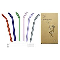 Reusable Long Bent Glass Drinking Straws, 8" * 8mm Set of 6 with 2 Cleaning Brushes, Multi Color for Smoothies, Milkshake, Tea, Juice, Water, Essential Oils BigNoseDeer (6 Color)
