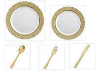 200 Pieces Premium Plastic China Plates Silverware Combo for 40 Guests WHITE with GOLD LACE Border and GOLD SILVERWARE Elegant Disposable Dinnerware - Weddings, Banquets, Parties Heavyweight Plastic