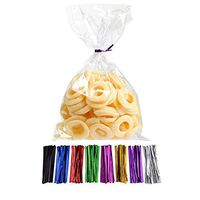 Laojbaba Cellophane Treat Bags Clear Candy Bags (6" x 8") with Twist Ties 5 Mix Colors, Candy Bread Chocolate Jelly Bags, Bakery Bags (100 pcs) (6" x 8")