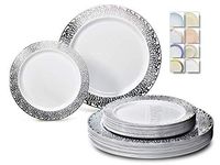 " OCCASIONS" 120 Plates Pack,(60 Guests) Premium Wedding Party Disposable Plastic Plates Set -60 x 10.25'' Dinner + 60 x 7.5'' Salad/Dessert (Florence White/Silver)