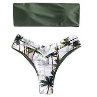 Strapless Bikini High Cut Bandeau Beachwear Set Coconut Tree Print 2 Piece Swimsuit EAZsyn8 Green
