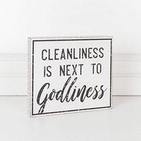 8" X 7" X 1.5" Wood Sign (Cleanliness Is Next To Godliness), White/Black – 15352