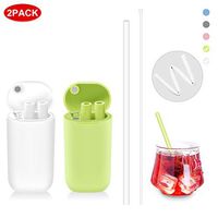 PYRKIA Collapsible Reusable Straw 2 Pack, Portable Foldable Drinking Straws Non-metal Silicone with Case Keychain & Cleaning Tool for Travel, Household, Outdoor, Party (White & Green)
