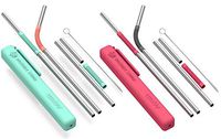 Asobu Reusable Metal and Silicone Straw with Cleaning Brush and Case (Red black/mint coral)