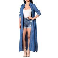 Alangbudu Women Turn Down Collar Denim Windbreaker Overcoat Cardigan Coat Long Sleeve Tops Split Outwear Maxi Jacket