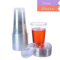 【24 oz -50sets】Clear plastic cups with flat lids-Plastic Portion Cups -PET- Disposable cold drink party cups for Cold Drink/Bubble Boba/Iced Coffee/Tea/Smoothie