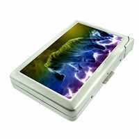 Abstract Rainbow Tiger Em1 Hip Silver Cigarette Case With Built In Lighter 4.75" X 2.75" Id Holder Metal Wallet RFID Protection