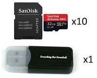 32GB Sandisk Extreme Pro (Ten Pack) 4K Micro Memory Card (SDSQXCG-032G-GN6MA) Class 10 U3 V30 A1 32G MicroSD HC SDHC Bundle with Everything But Stromboli (TM) Card Reader