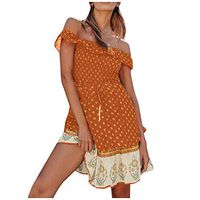 Sunhusing Ladies Vacation Style Sexy Cold Shoulder Short Sleeve Small Floral Printed Lace-Up Sweet Dress(Orange,S)