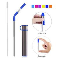 Reusable Collapsible Straw, Portable Stainless Steel Drinking Straw with Case, Straw Tip and Cleaning Brush for Travel, Party, Outdoor and Home Use (Grey Case Blue Tip)