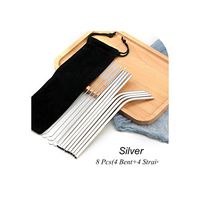 8Pcs Stainless Steel Drinking Straws Metal Straight Bent Stainless Steel Straw With Cleaner Brush Party Bar,02 Silver