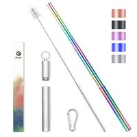 Collapsible Metal Straws Telescopic Reusable Rainbow Foldable Straws Eco-Friendly for Drinking Reusable Straws with Case Keychain Cleaning Brush Portable Stainless Steel 9.25 Inch 1 Pack