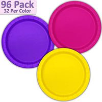 96 Paper Dinner Plates (9") - Neon Pink, Neon Purple, Neon Yellow - 32 Per Color, 3 Colors - Great Assortment for Birthday Parties, Weddings, Holidays, Baby Shower, Celebrations, and more