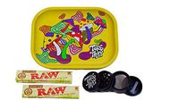Rolling Tray Bundle with Grinder | Set Includes - Psychedelic Mushroom Metal Tray, 2 Packs Raw King Size Slim Rolling Papers & 4-Piece Zinc Grinder