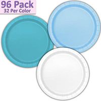 96 Paper Dinner Plates (9") - Light Blue, Aqua, White - 32 Per Color, 3 Colors - Great Assortment for Birthday Parties, Weddings, Holidays, Baby Shower, Celebrations, and more