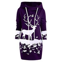 Coupondeal Womens Christmas Monochrome Reindeer Printed Hooded Drawstring Mini Dress(Purple,2XL)