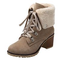 Goldweather Women's Winter Warm Snow Boots Round Toe Suede Chunky Low Heel Faux Fur Ankle Booties(Beige,9)