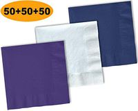 150 Beverage Napkins, Grape Purple, Bright White, Navy blue - 50 Each Color. 2 Ply Paper Cocktail Napkins. 5" folded, 10" unfolded.