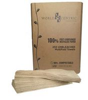 World Centric's 100% Biodegradable, 100% Compostable 100% Post Consumer Waste Recycled 1PLY Unbleached Multifold Towels (Case of 4,000 : 16 Packs of 250)