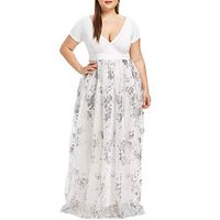Cliramer Plus Size Fashion Women Floral Printed Short Sleeve V-Neck Cold Shouder Dress Wedding Party Cocktail Dress White