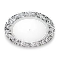 [8 Count - 10 Inch Plates] Laura Stein Designer Tableware Premium Heavyweight Plastic White Dinner Plates With Silver Border, Party & Wedding Plate, Glitz Series, Disposable Dishes