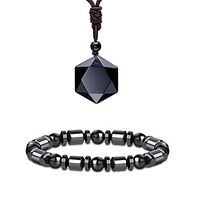 Black Obsidian Hexagram Natural Stone Pendant Necklace and Hematite Bracelet Hematite Metal Magnetic Therapy Bracelets