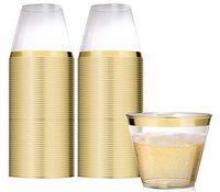 9 Ounce Clear Plastic Cups (100 Count) Disposable Party Cups - Old Fashioned Reusable Plastic Tumblers, Gold