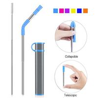 Reusable Collapsible Straw, Portable Stainless Steel Drinking Straw with Case, Straw Tip and Cleaning Brush for Travel, Party, Outdoor and Home Use (Grey Case Turquoise Tip)