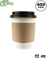 400 Pack - 12 oz Disposable White Paper Coffee Cups with Black Dome Lids and Protective Corrugated Cup Sleeves - Perfect Disposable Travel Mug for Home, Office, Coffee Shop, Travel, Tea