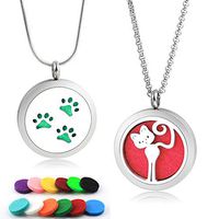Lademayh Kids Diffuser Necklace for Essential Oils, Cute Cat and Paws Prints Designed Aromatherapy Jewelry Gift for Children Women (2 Lockets, 2 Types Chains, 12 Felt Pads)