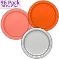 96 Paper Dinner Plates (9") - Orange, Coral, Silver - 32 Per Color, 3 Colors - Great Assortment for Birthday Parties, Weddings, Holidays, Baby Shower, Celebrations, and more