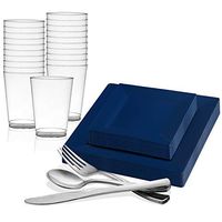 Disposable Plastic Dinnerware Set for 60 Guests - Includes Fancy Square Blue Dinner Plates, Dessert/Salad Plates, Silverware Set/Silver Cutlery & Cups For Wedding, Birthday Party & Other Occasions