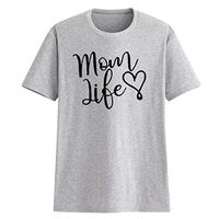 Eoeth MOM Life Letter Print Short Sleeve Tees Tops Blouse Women Funny Graphic Heart Printed T-Shirt Cute Pullover Shirts Gray