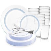 Disposable Plastic Dinnerware Wedding Value Set for 60 Guests - Includes Heavyweight Round Clear Dinner Plates, Dessert/Salad Plates, Silver Cutlery Set & Cups For Birthday Party & Other Occasions