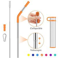 Collapsible Telescopic Straw Reusable Drinking Straws,Portable Stainless Steel Metal Straw Folding Final with Carrying Case&Cleaning Brush Keychain Carabiner&Silicone Tips for Travel-Orange