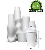Safeware 16 oz [ 100 Set] Togo Disposable White Paper Coffee Cups with Lids | Hot Beverages | Expresso | Tea | Coffee | Latte | Hot Chocolate