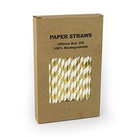 Gold Foil Striped Paper Straws Bulk, Shiny Metallic Golden Paper Drinking Straws for Wedding 1st Birthday Party Holiday Christmas Anniversary New Year, Cake Pop Sticks(Gold Foil Stripe, 100)