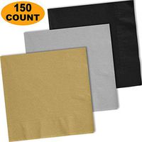 150 Lunch Napkins, Glittering Gold, Shimmering Silver, Midnight Black - 50 Each Color. 2 Ply Paper Dinner Napkins. 6.5" folded, 13.5" unfolded.