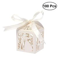 BESPORTBLE 100pcs Couple Design Luxury Lase Cut Wedding Sweets Candy Gift Favour Boxes with Ribbon Table Decorations (Creamy-White)